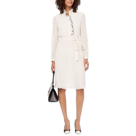 Tory Burch Ivory Textured Deneuve Ruffle-Trim Dress 10 - Picture 1 of 4